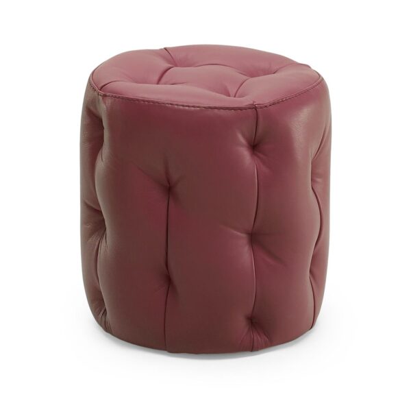 The A921 Ottomans feature a round, burgundy-colored, tufted leather design with a cushioned surface.